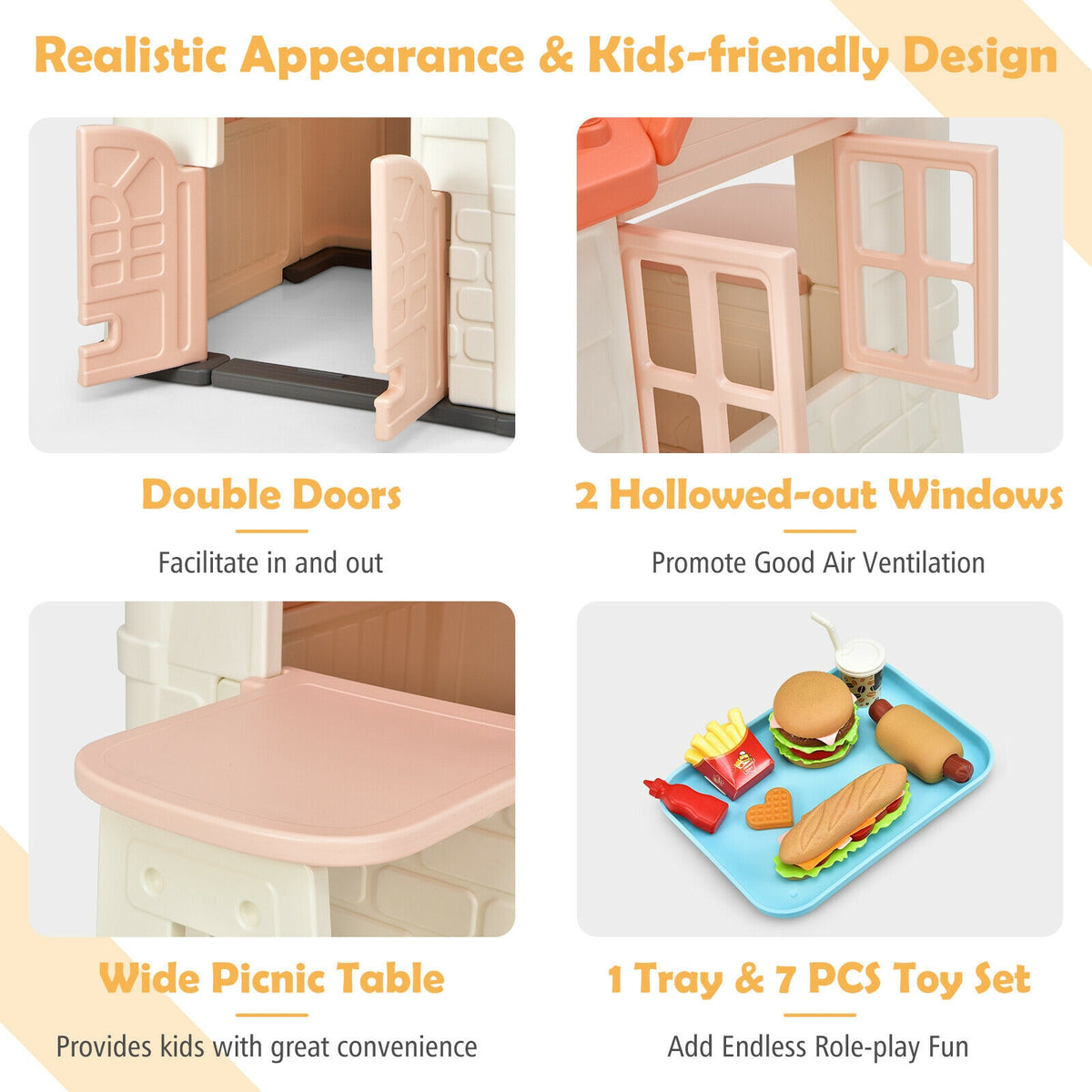 Kids' Playhouse and Slide Set with Picnic Table - HDPE 65"x49"x52"