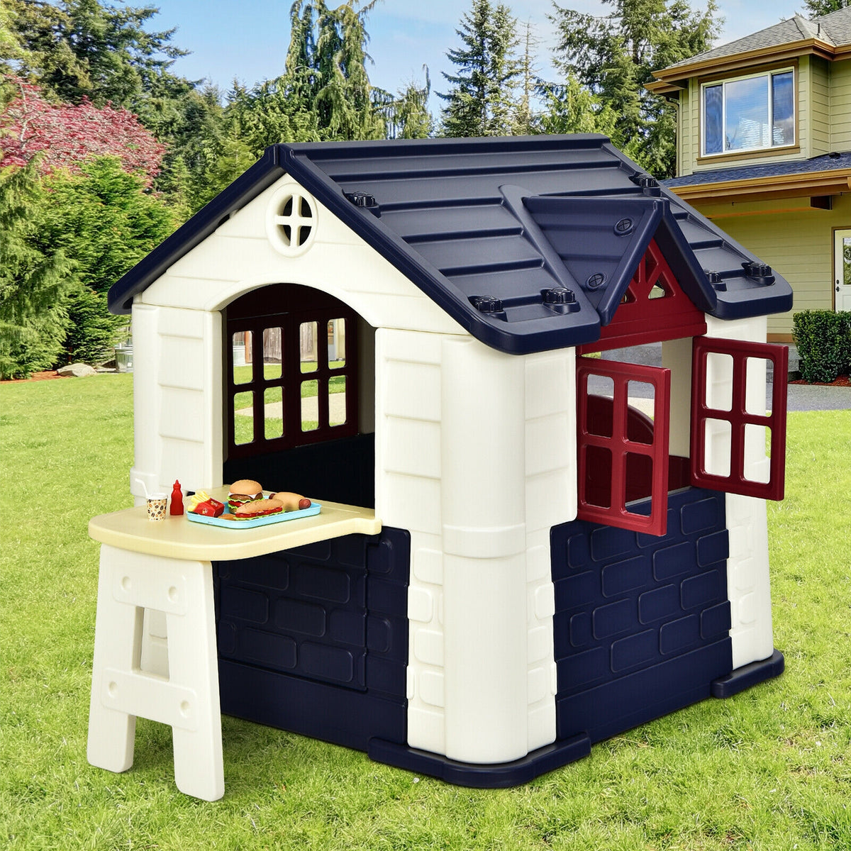 Kids' Playhouse and Slide Set with Picnic Table - HDPE 65"x49"x52"