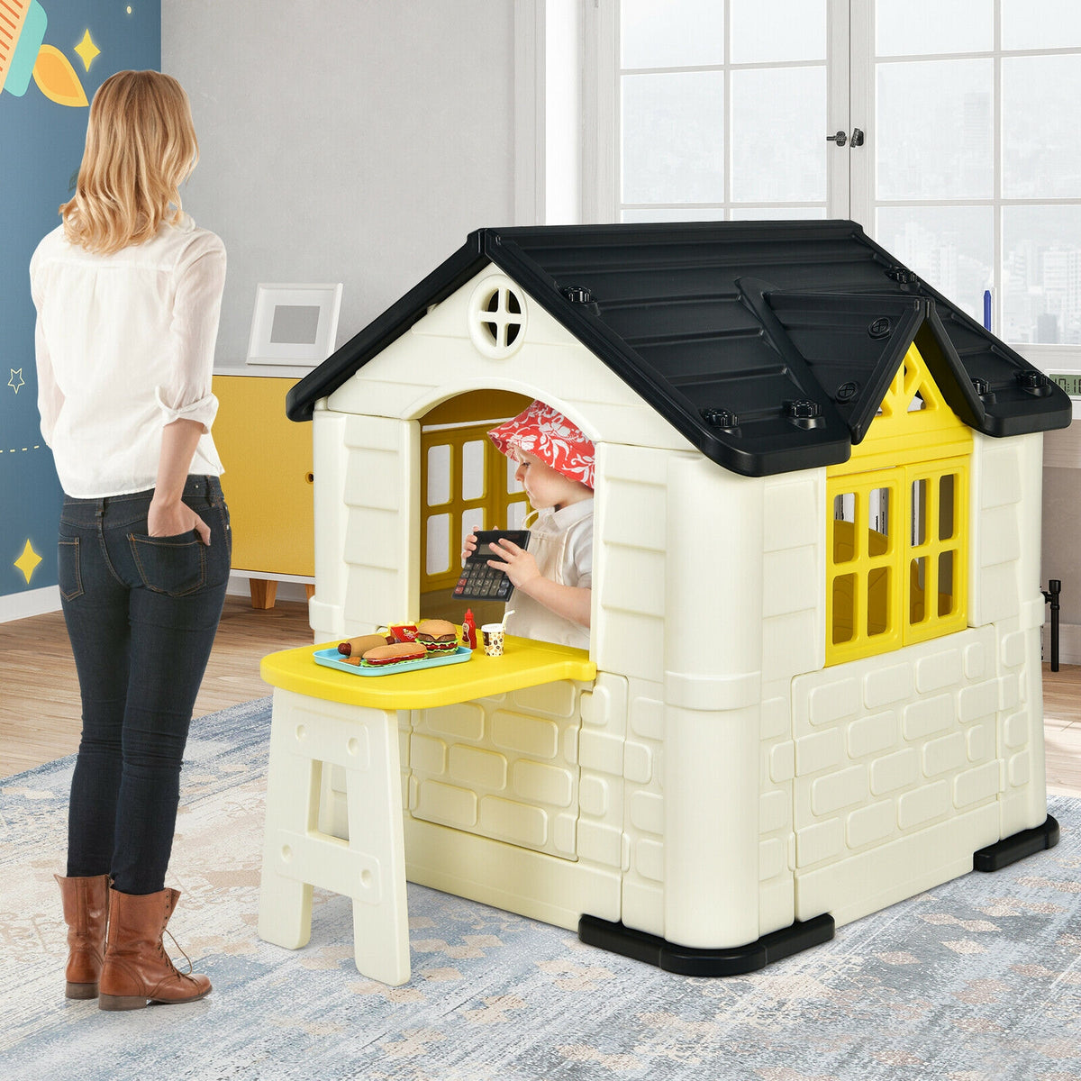 Kids' Playhouse and Slide Set with Picnic Table - HDPE 65"x49"x52"