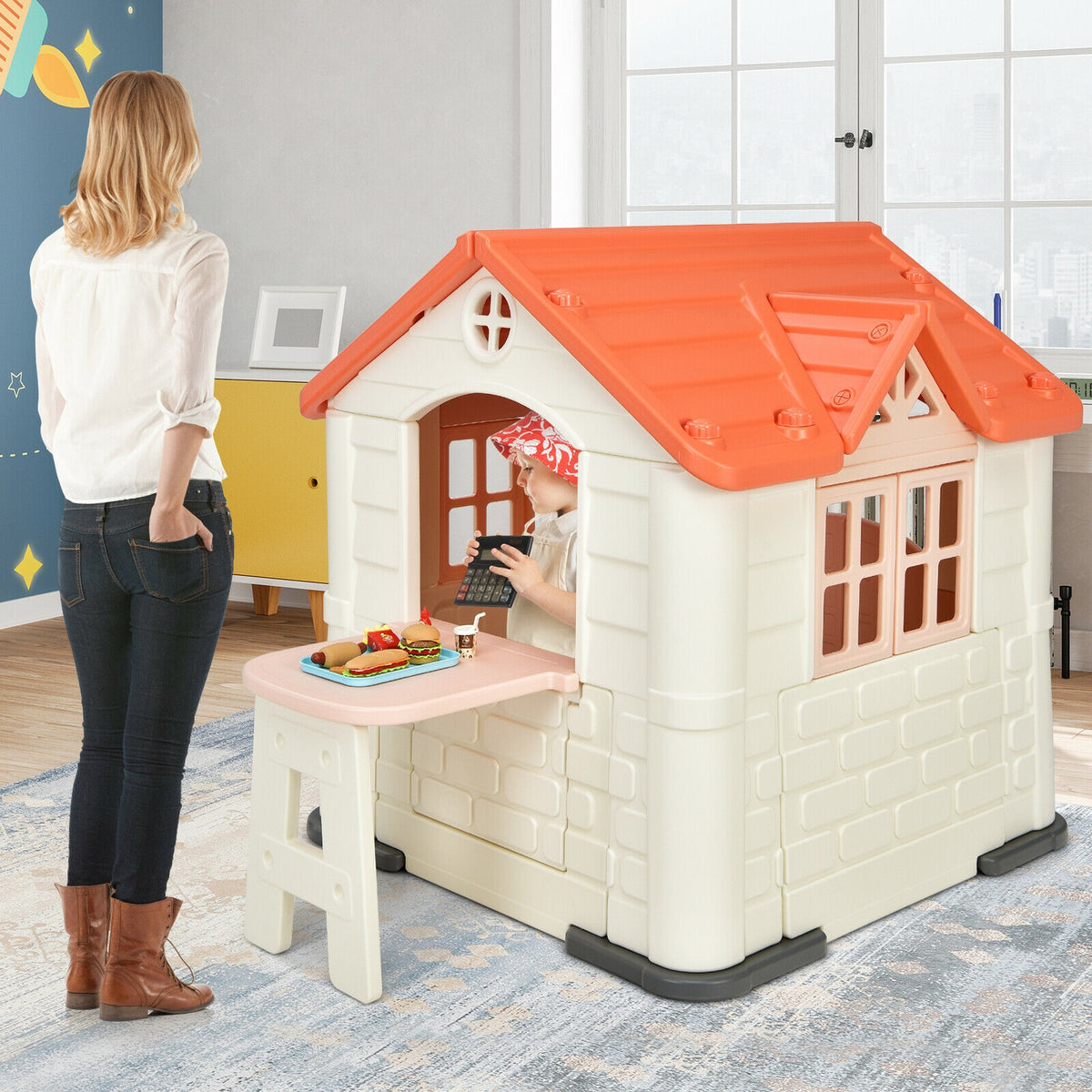 Kids' Playhouse and Slide Set with Picnic Table - HDPE 65"x49"x52"