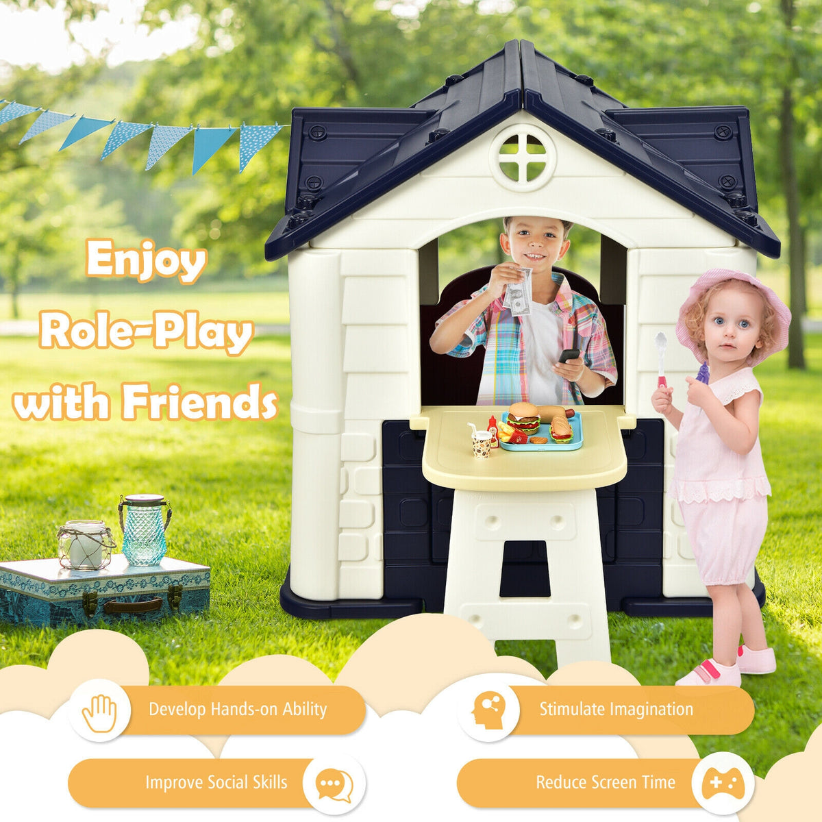 Kids' Playhouse and Slide Set with Picnic Table - HDPE 65"x49"x52"