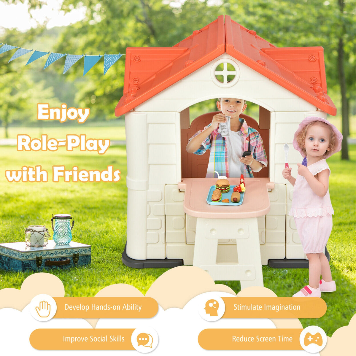 Kids' Playhouse and Slide Set with Picnic Table - HDPE 65"x49"x52"