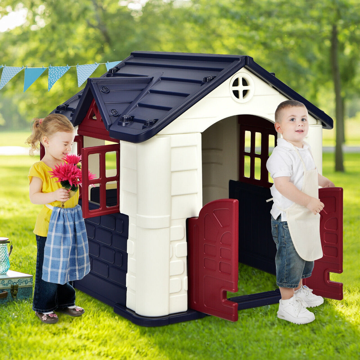 Kids' Playhouse and Slide Set with Picnic Table - HDPE 65"x49"x52"