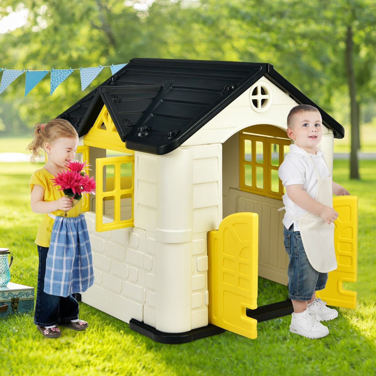 Kids' Playhouse and Slide Set with Picnic Table - HDPE 65"x49"x52"