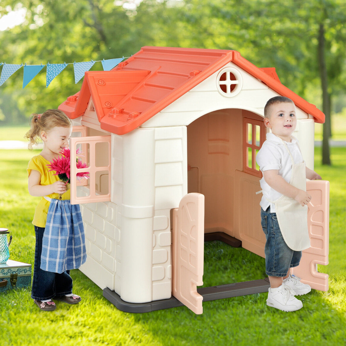 Kids' Playhouse and Slide Set with Picnic Table - HDPE 65"x49"x52"