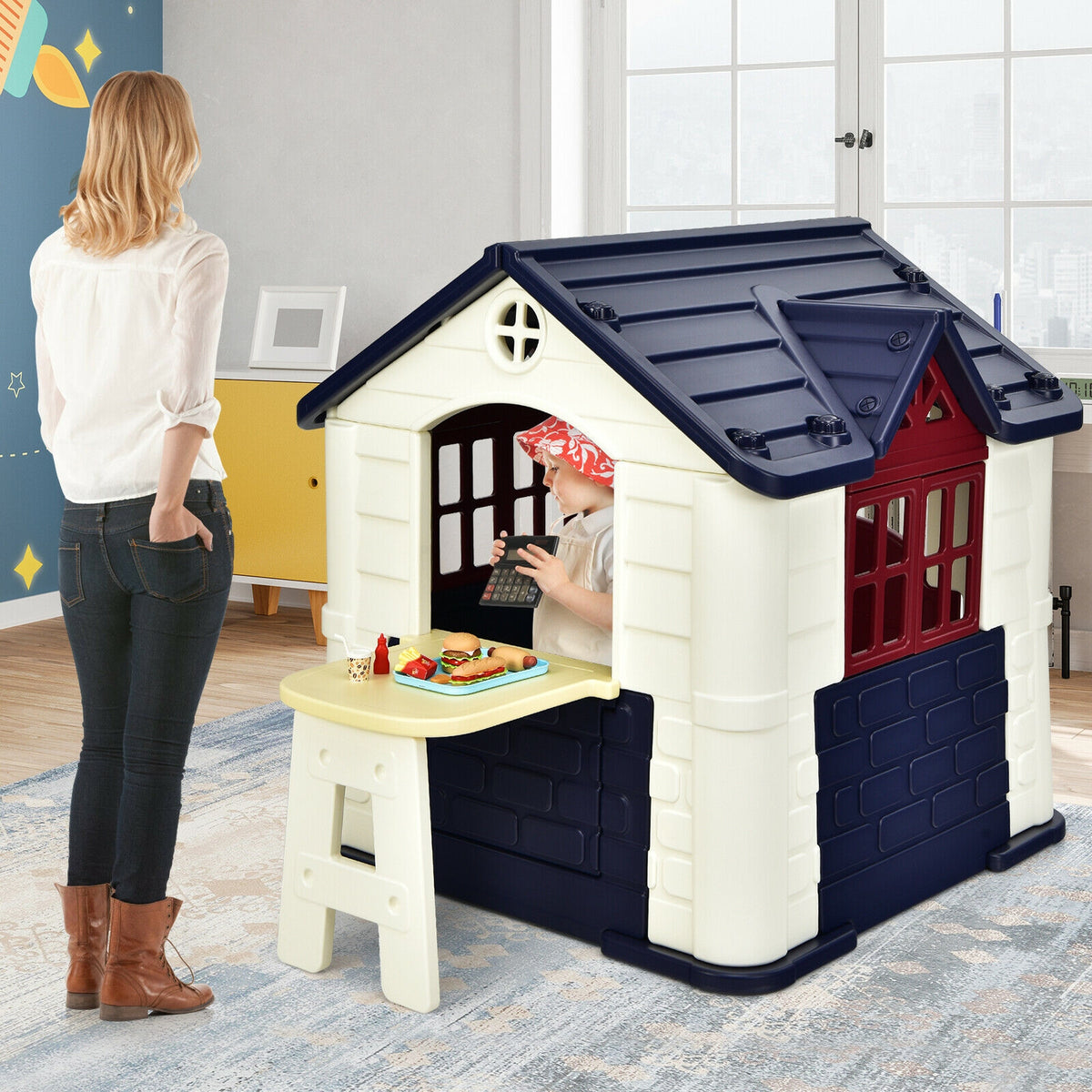 Kids' Playhouse and Slide Set with Picnic Table - HDPE 65"x49"x52"