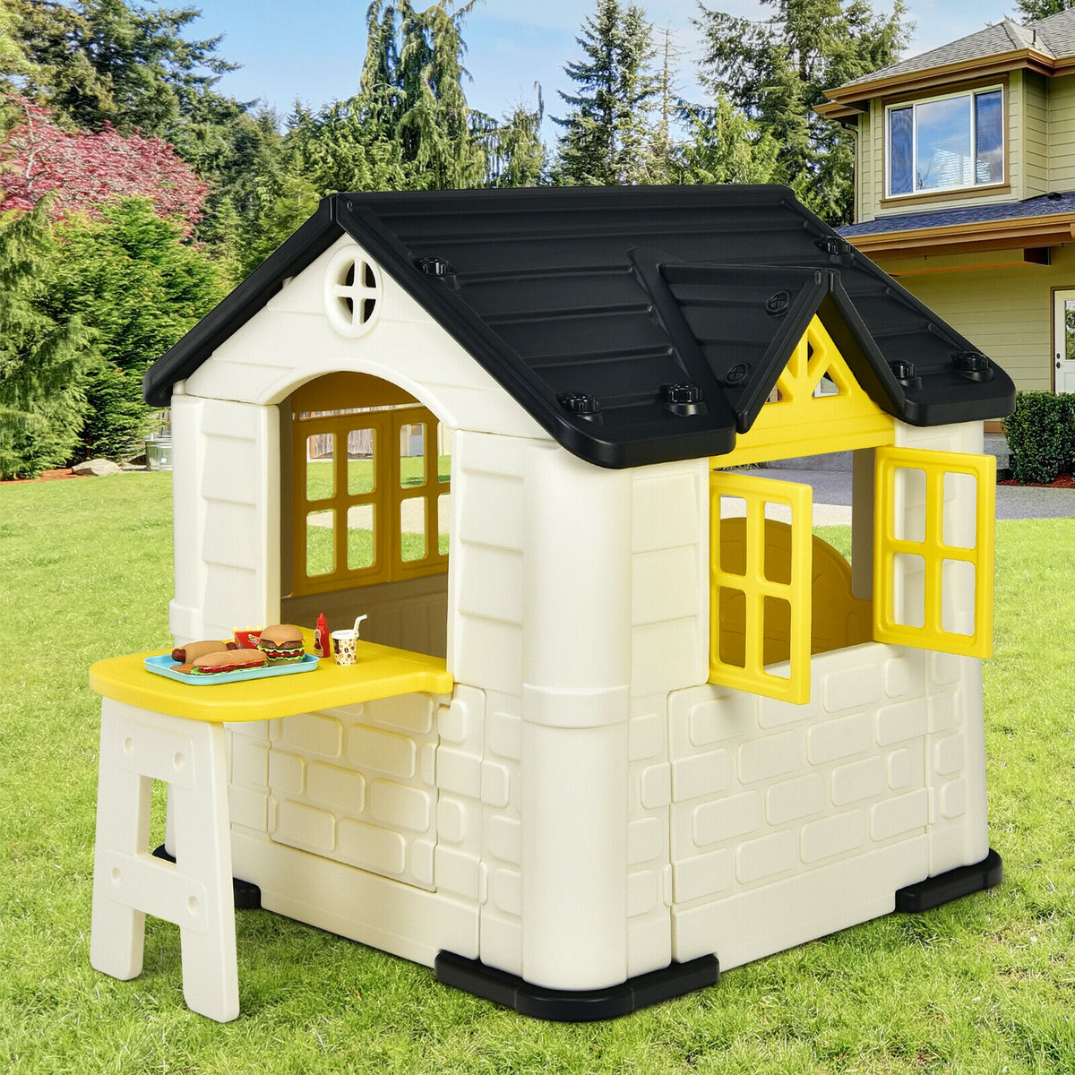 Kids' Playhouse and Slide Set with Picnic Table - HDPE 65"x49"x52"