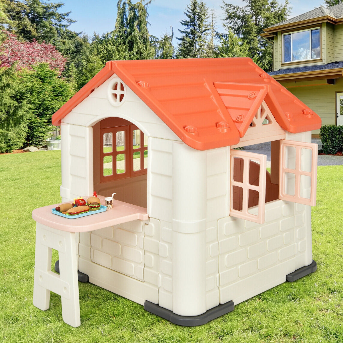 Kids' Playhouse and Slide Set with Picnic Table - HDPE 65"x49"x52"