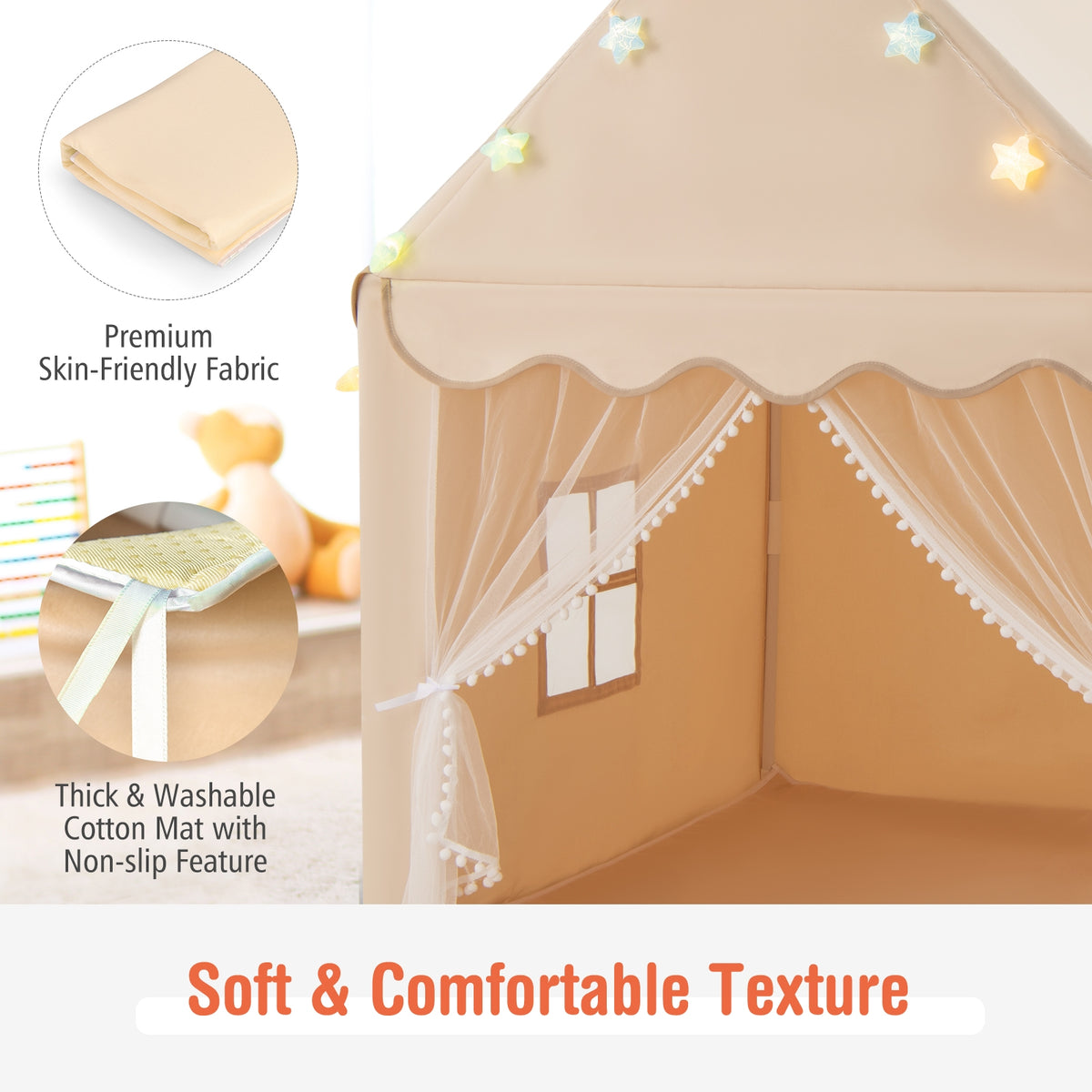 Kids Playhouse Tent with Star Lights and Cotton Mat