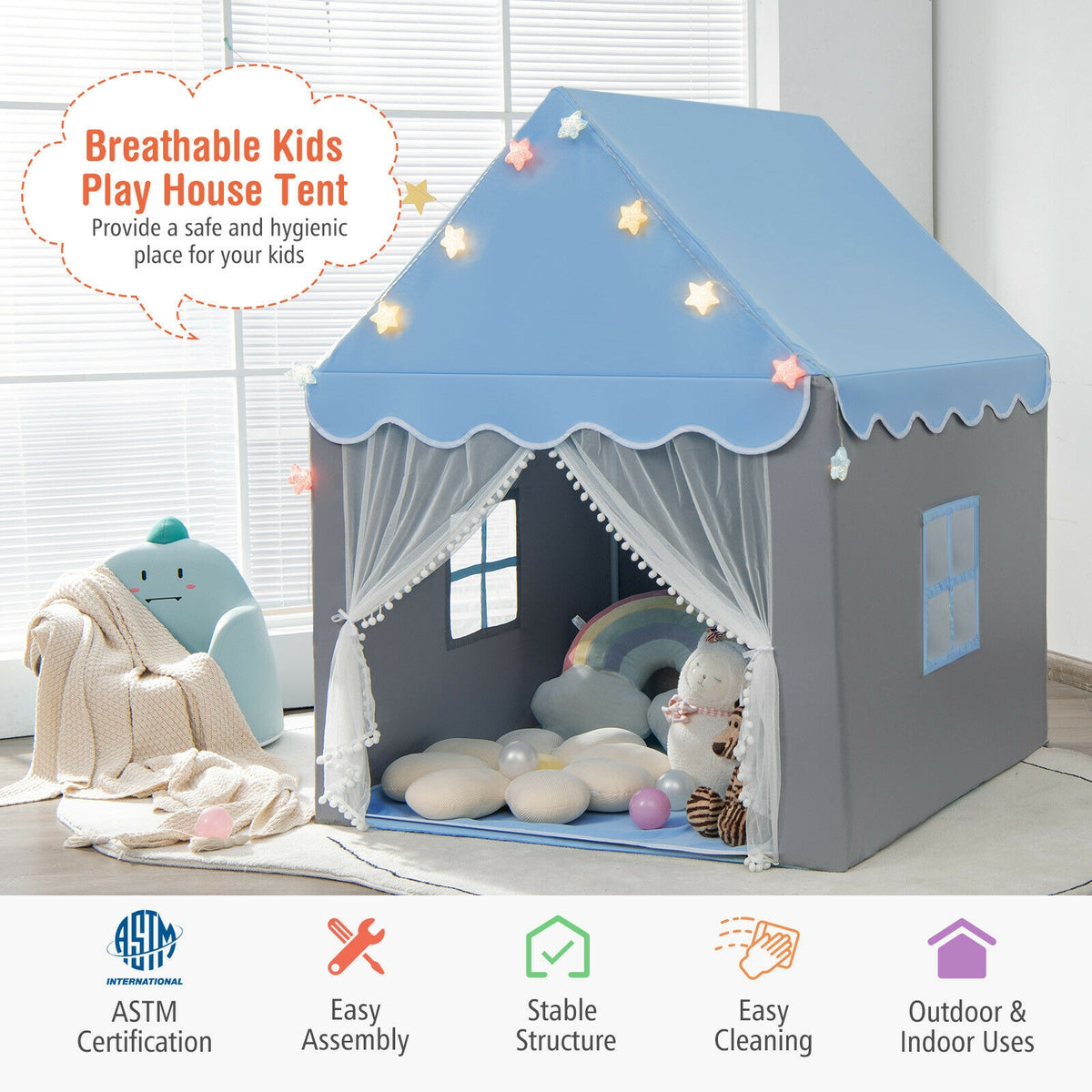 Kids Playhouse Tent with Star Lights and Cotton Mat