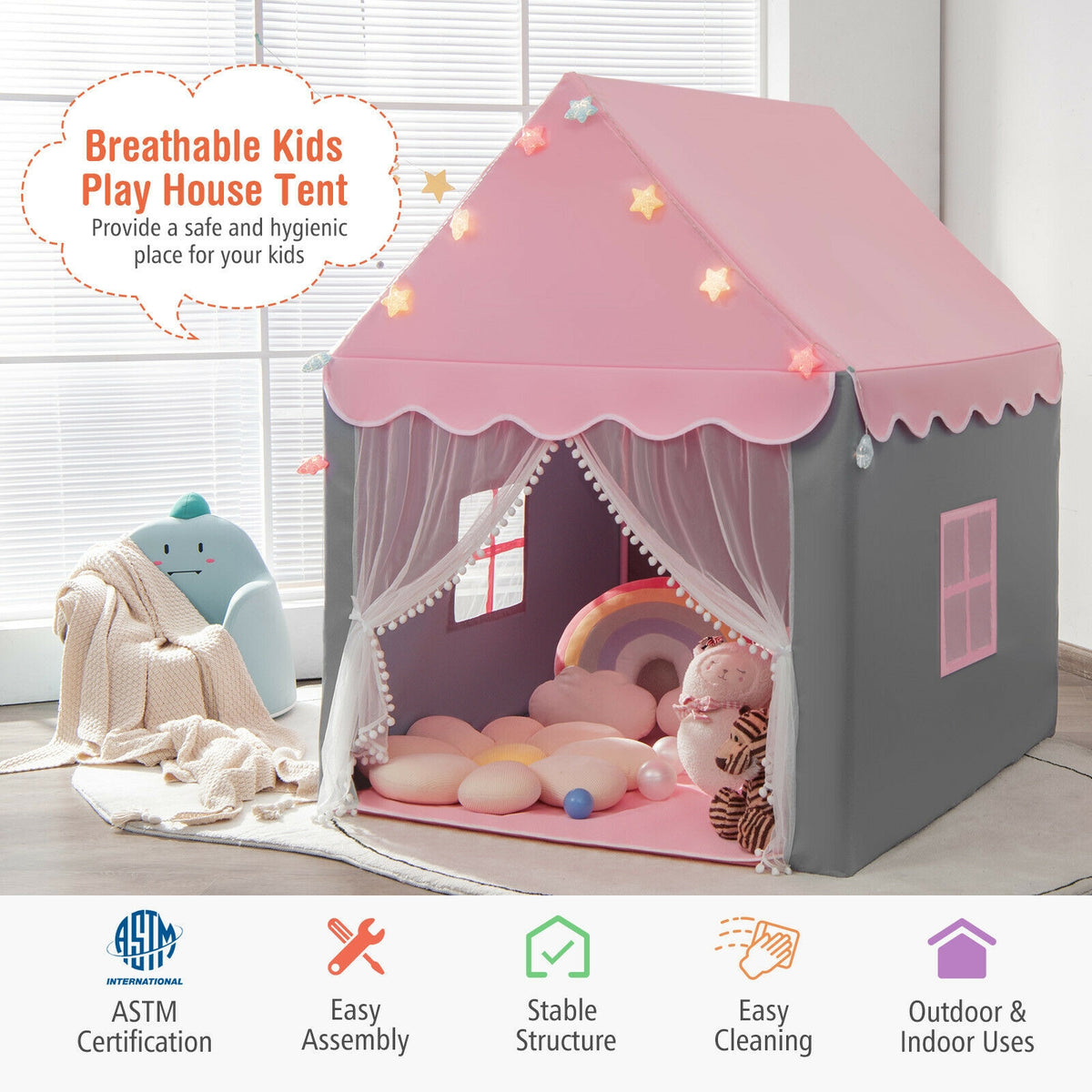 Kids Playhouse Tent with Star Lights and Cotton Mat