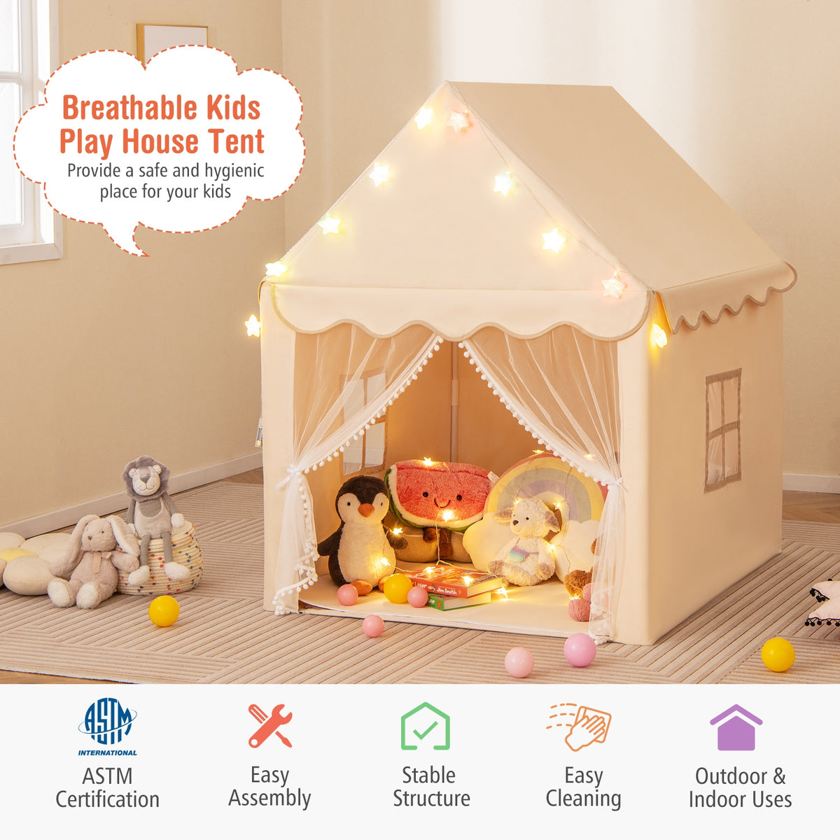 Kids Playhouse Tent with Star Lights and Cotton Mat