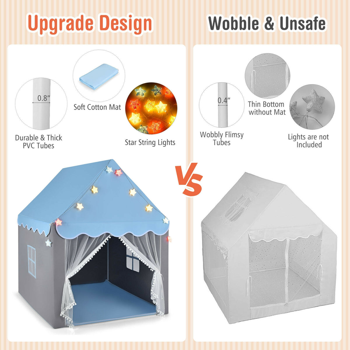 Kids Playhouse Tent with Star Lights and Cotton Mat
