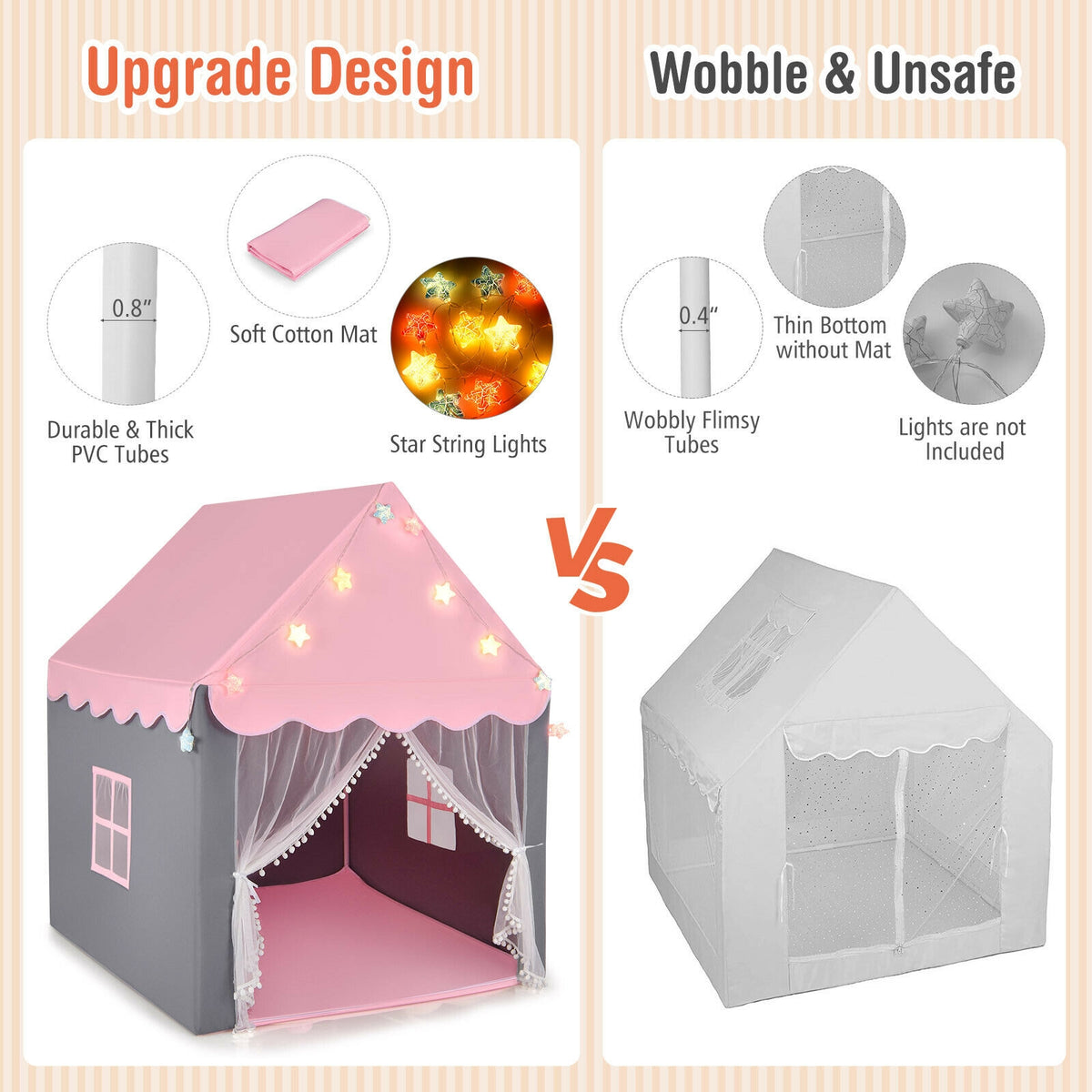 Kids Playhouse Tent with Star Lights and Cotton Mat