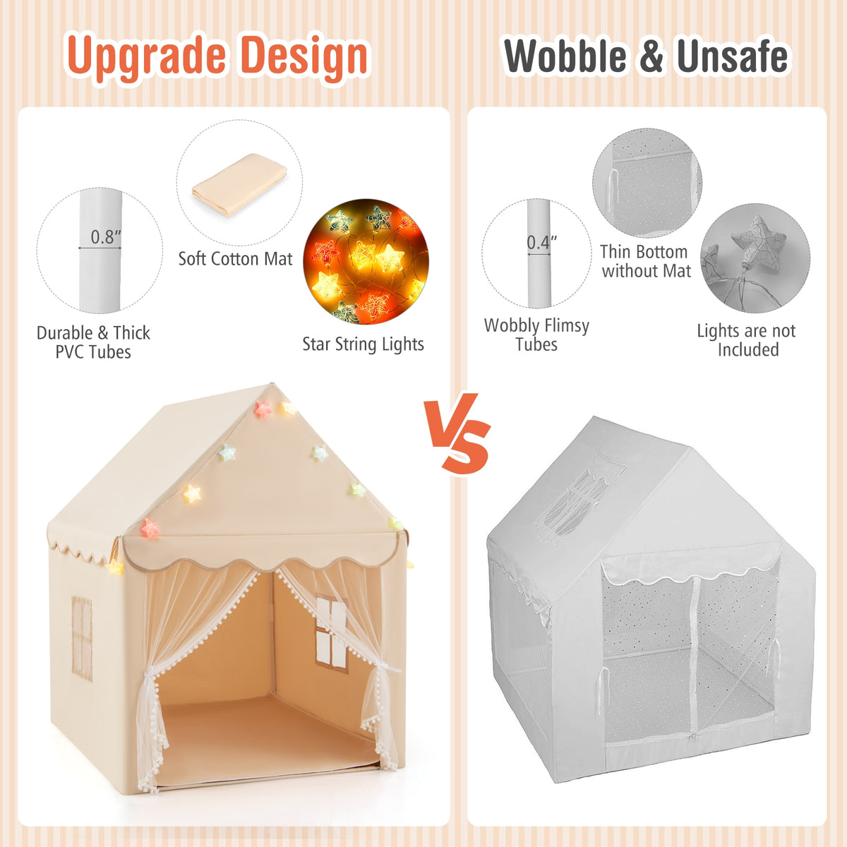 Kids Playhouse Tent with Star Lights and Cotton Mat
