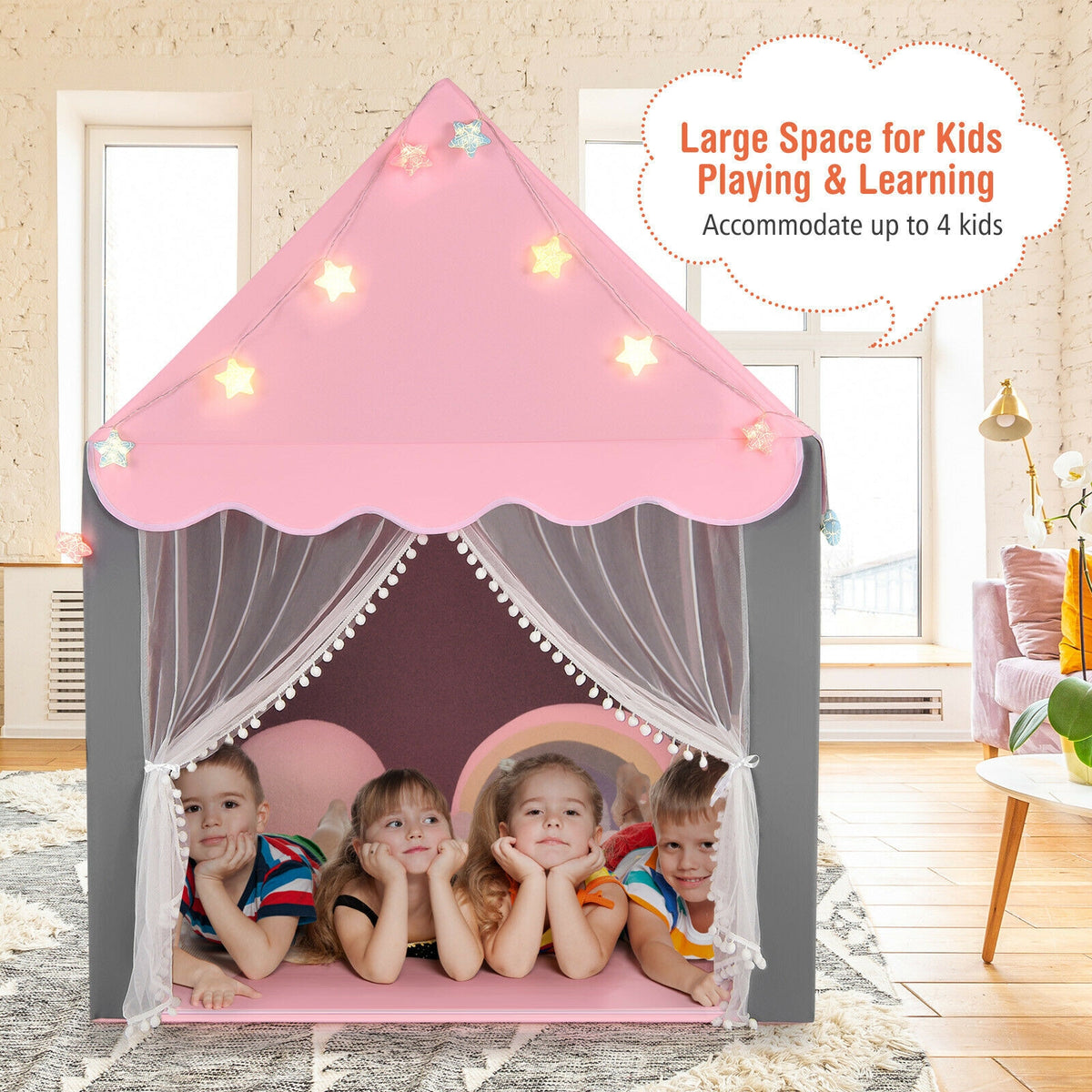 Kids Playhouse Tent with Star Lights and Cotton Mat