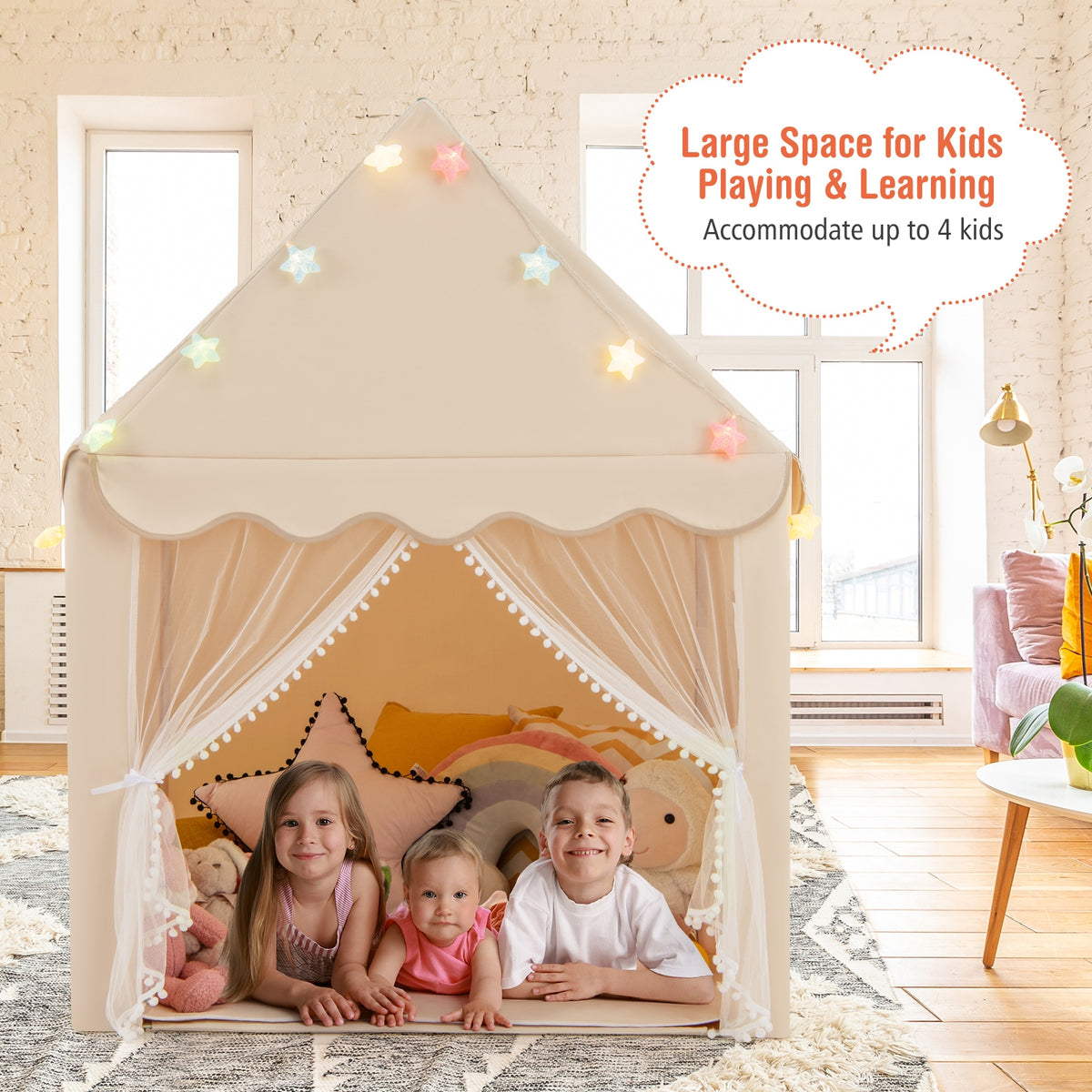 Kids Playhouse Tent with Star Lights and Cotton Mat
