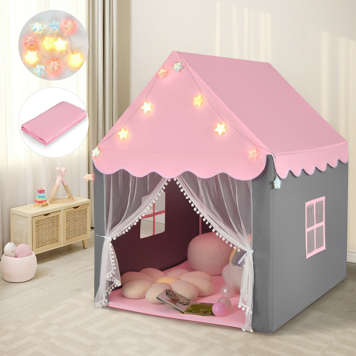 Kids Playhouse Tent with Star Lights and Cotton Mat