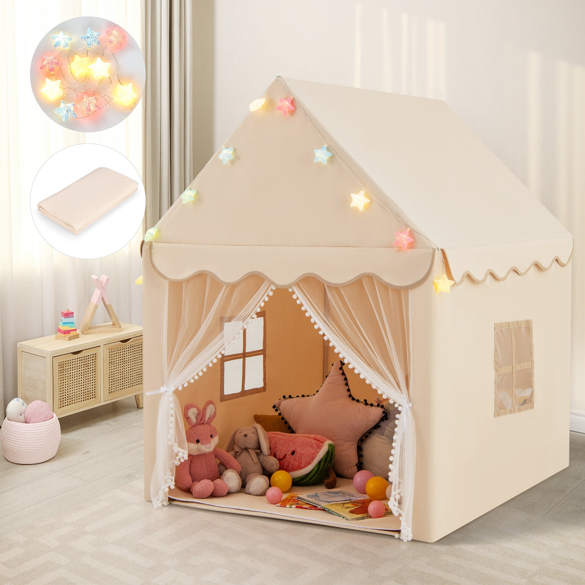 Kids Playhouse Tent with Star Lights and Cotton Mat