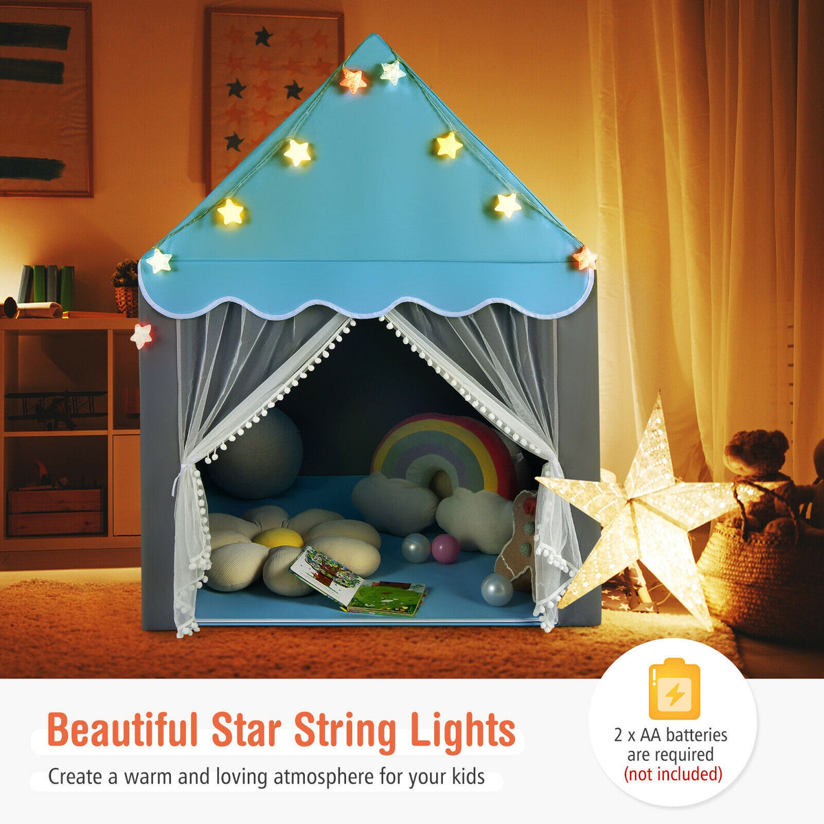 Kids Playhouse Tent with Star Lights and Cotton Mat