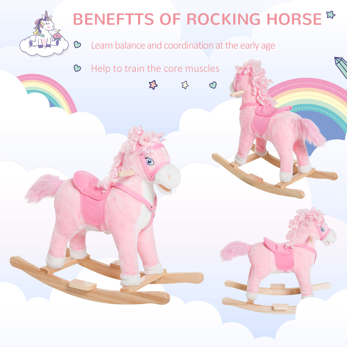 Kids Plush Rocking Horse Child Ride On Toy Rocker with Realistic Sounds Pink-Toys & Games > Baby & Toddler Toys > Riding & Rocking Toys > Rocking Horses-DECOROLALA