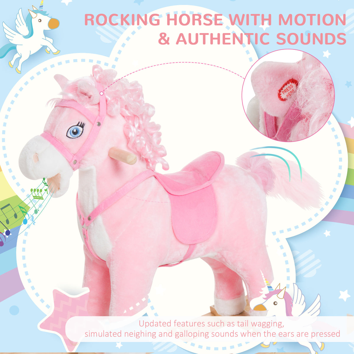 Kids Plush Rocking Horse Child Ride On Toy Rocker with Realistic Sounds Pink-Toys & Games > Baby & Toddler Toys > Riding & Rocking Toys > Rocking Horses-DECOROLALA