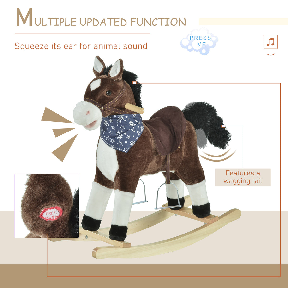 Kids Plush Ride-On Rocking Horse Toy Cowboy Rocker with Fun Realistic Sounds for Child 3-6 Years Old-Toys & Games > Baby & Toddler Toys > Riding & Rocking Toys > Rocking Horses-DECOROLALA