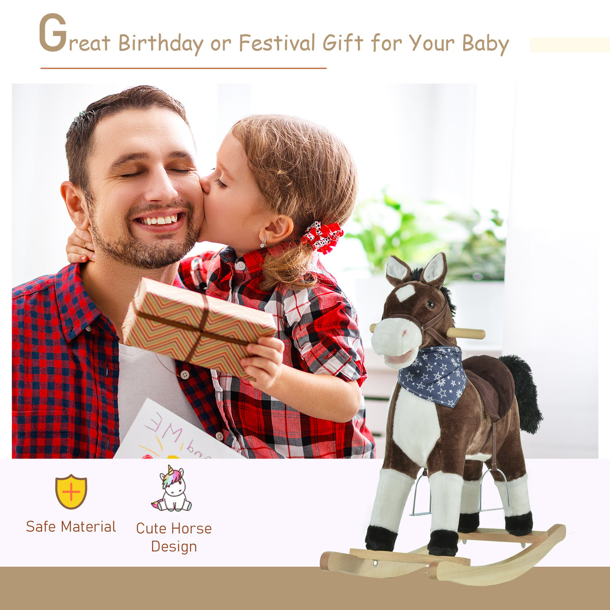 Kids Plush Ride-On Rocking Horse Toy Cowboy Rocker with Fun Realistic Sounds for Child 3-6 Years Old-Toys & Games > Baby & Toddler Toys > Riding & Rocking Toys > Rocking Horses-DECOROLALA