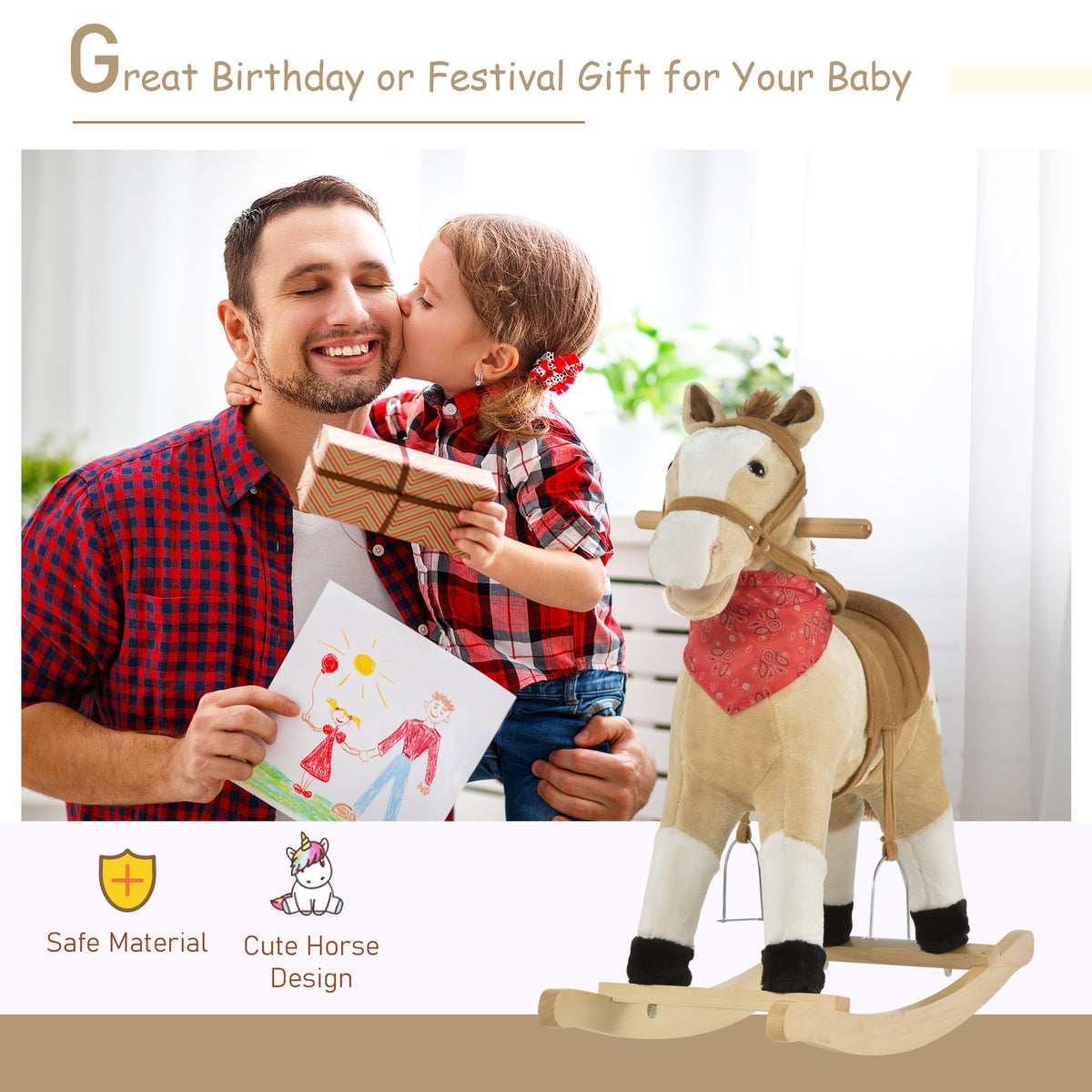 Kids Plush Ride-On Rocking Horse Toy Cowboy Rocker with Fun Realistic Sounds for Child 3-6 Years Old-Toys & Games > Baby & Toddler Toys > Riding & Rocking Toys > Rocking Horses-DECOROLALA