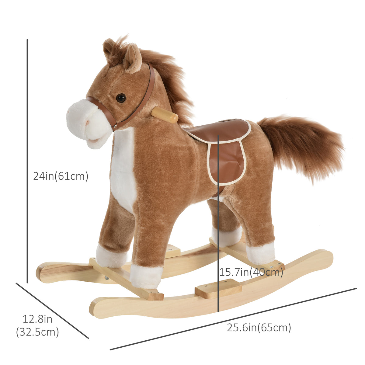 Kids Rocking Horse Plush Animal on Wooden Rockers with Sounds, Wooden Base, Baby Rocking Chair, Brown-Toys & Games > Baby & Toddler Toys > Riding & Rocking Toys > Rocking Horses-DECOROLALA