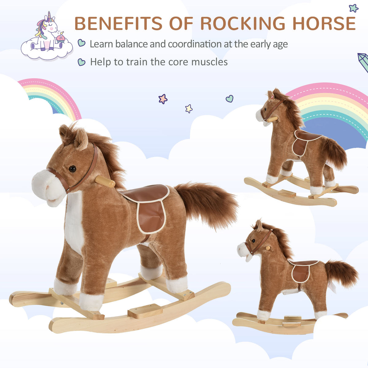Kids Rocking Horse Plush Animal on Wooden Rockers with Sounds, Wooden Base, Baby Rocking Chair, Brown-Toys & Games > Baby & Toddler Toys > Riding & Rocking Toys > Rocking Horses-DECOROLALA