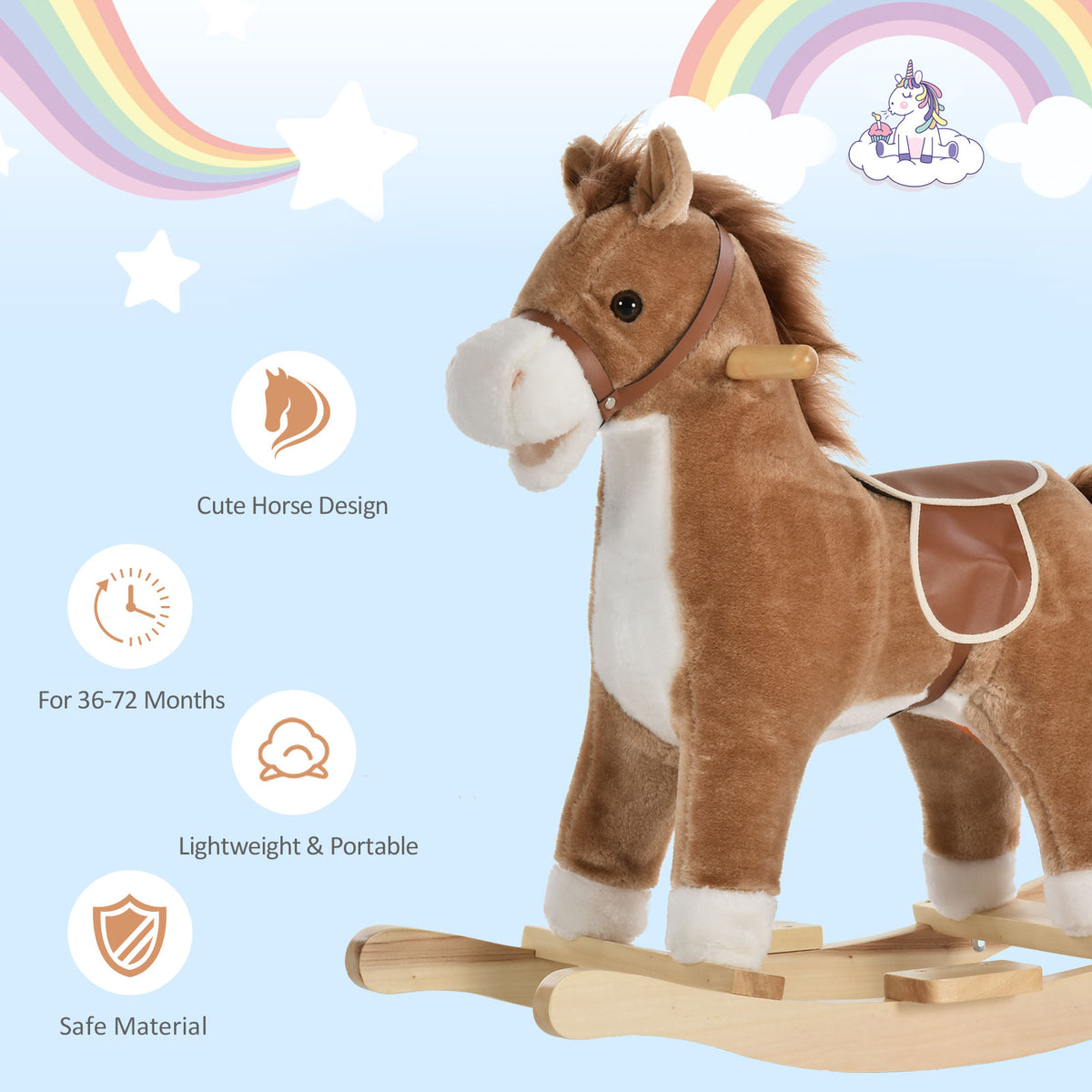 Kids Rocking Horse Plush Animal on Wooden Rockers with Sounds, Wooden Base, Baby Rocking Chair, Brown-Toys & Games > Baby & Toddler Toys > Riding & Rocking Toys > Rocking Horses-DECOROLALA