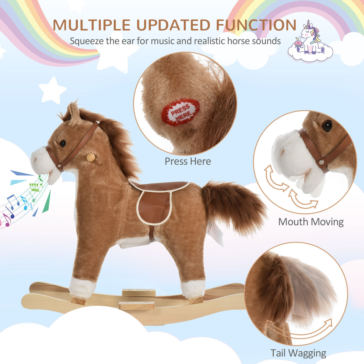 Kids Rocking Horse Plush Animal on Wooden Rockers with Sounds, Wooden Base, Baby Rocking Chair, Brown-Toys & Games > Baby & Toddler Toys > Riding & Rocking Toys > Rocking Horses-DECOROLALA