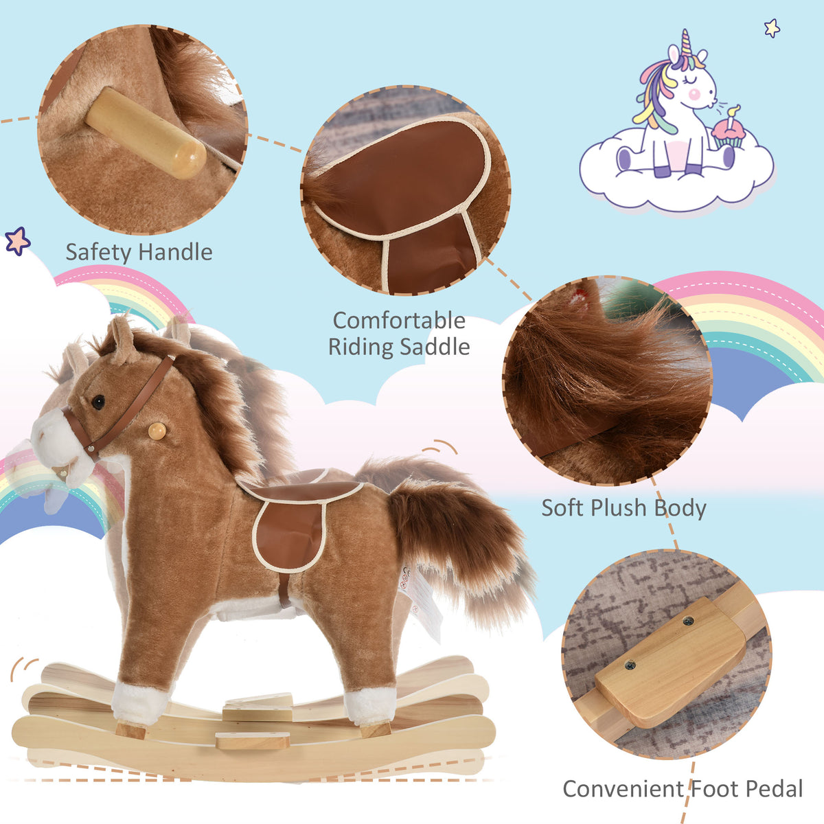 Kids Rocking Horse Plush Animal on Wooden Rockers with Sounds, Wooden Base, Baby Rocking Chair, Brown-Toys & Games > Baby & Toddler Toys > Riding & Rocking Toys > Rocking Horses-DECOROLALA