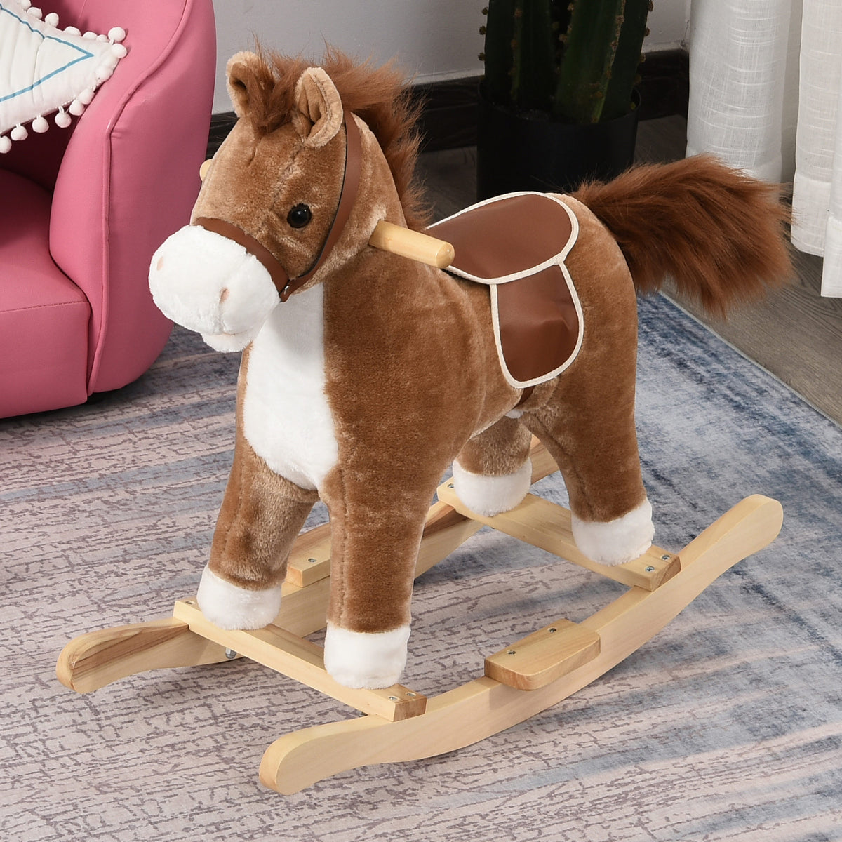 Kids Rocking Horse Plush Animal on Wooden Rockers with Sounds, Wooden Base, Baby Rocking Chair, Brown-Toys & Games > Baby & Toddler Toys > Riding & Rocking Toys > Rocking Horses-DECOROLALA