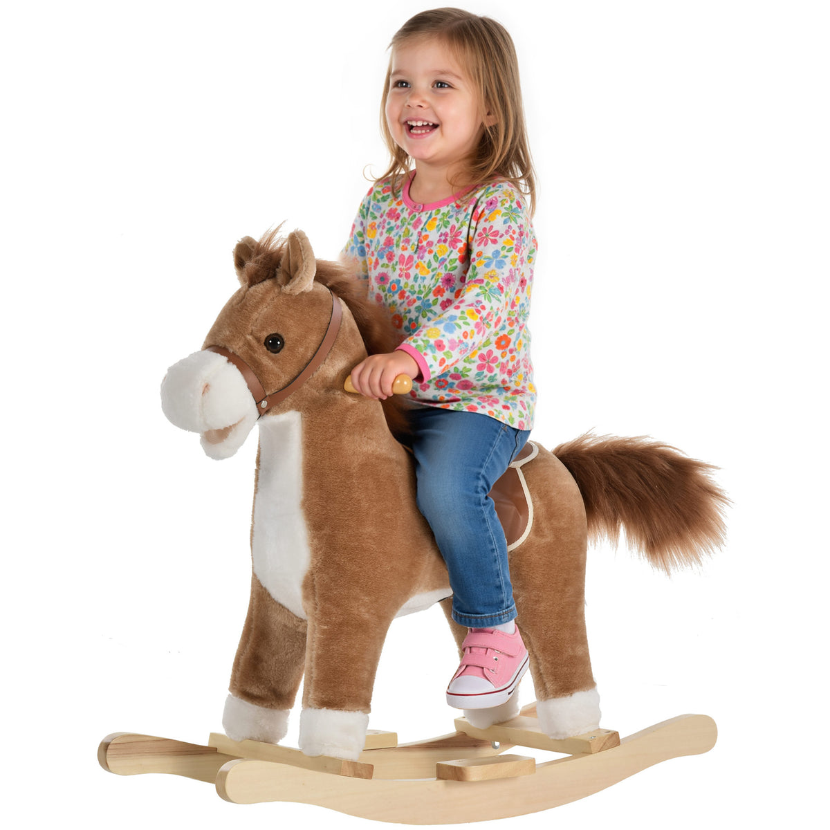 Kids Rocking Horse Plush Animal on Wooden Rockers with Sounds, Wooden Base, Baby Rocking Chair, Brown-Toys & Games > Baby & Toddler Toys > Riding & Rocking Toys > Rocking Horses-DECOROLALA