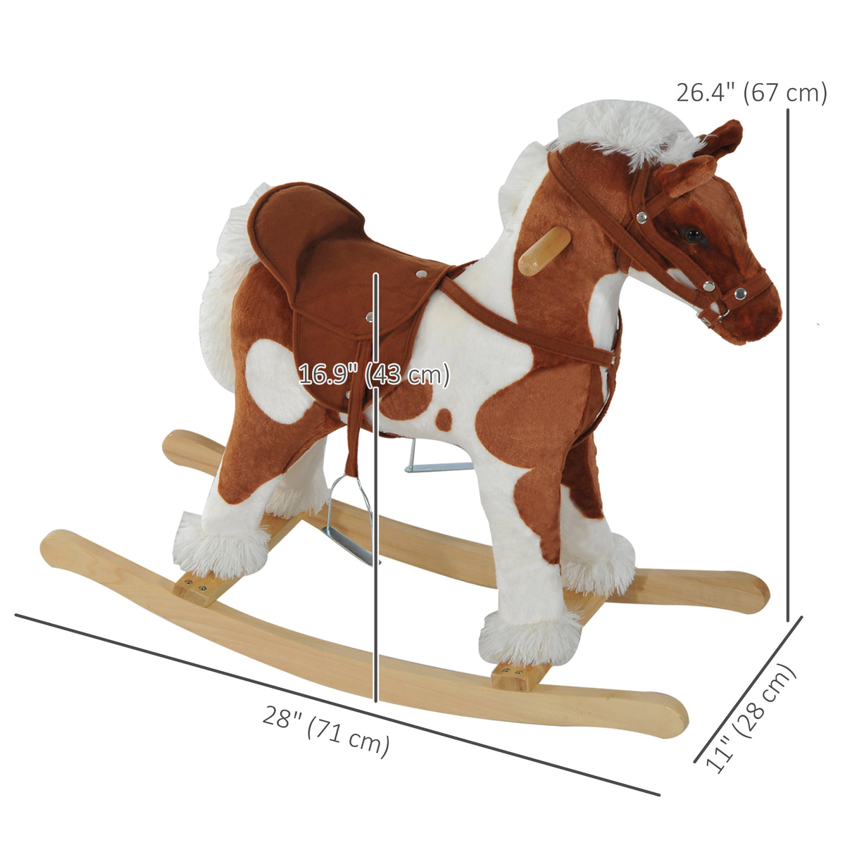 Kids Rocking Horse Plush Animal on Wooden Rockers with Sounds, Wooden Base, Baby Rocking Chair, Brown and White-Toys & Games > Baby & Toddler Toys > Riding & Rocking Toys > Rocking Horses-DECOROLALA
