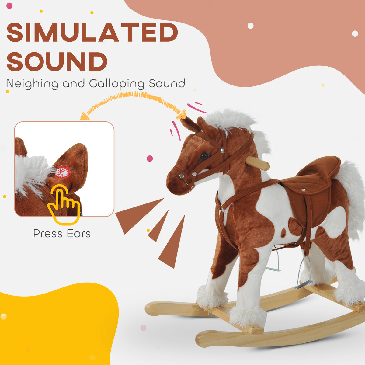 Kids Rocking Horse Plush Animal on Wooden Rockers with Sounds, Wooden Base, Baby Rocking Chair, Brown and White-Toys & Games > Baby & Toddler Toys > Riding & Rocking Toys > Rocking Horses-DECOROLALA