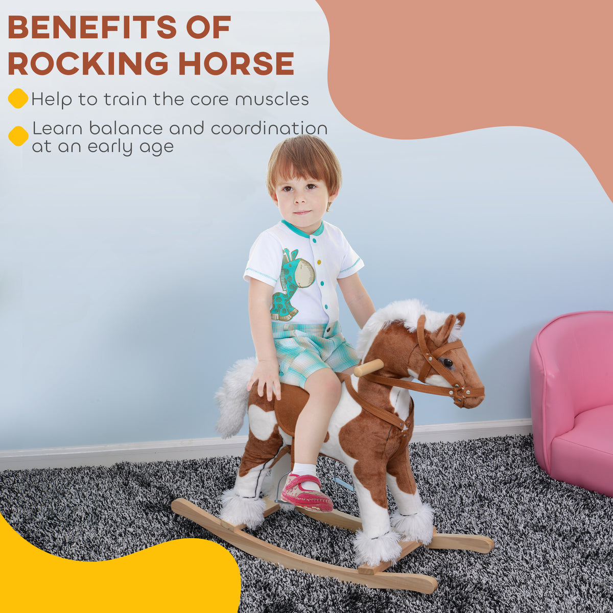 Kids Rocking Horse Plush Animal on Wooden Rockers with Sounds, Wooden Base, Baby Rocking Chair, Brown and White-Toys & Games > Baby & Toddler Toys > Riding & Rocking Toys > Rocking Horses-DECOROLALA