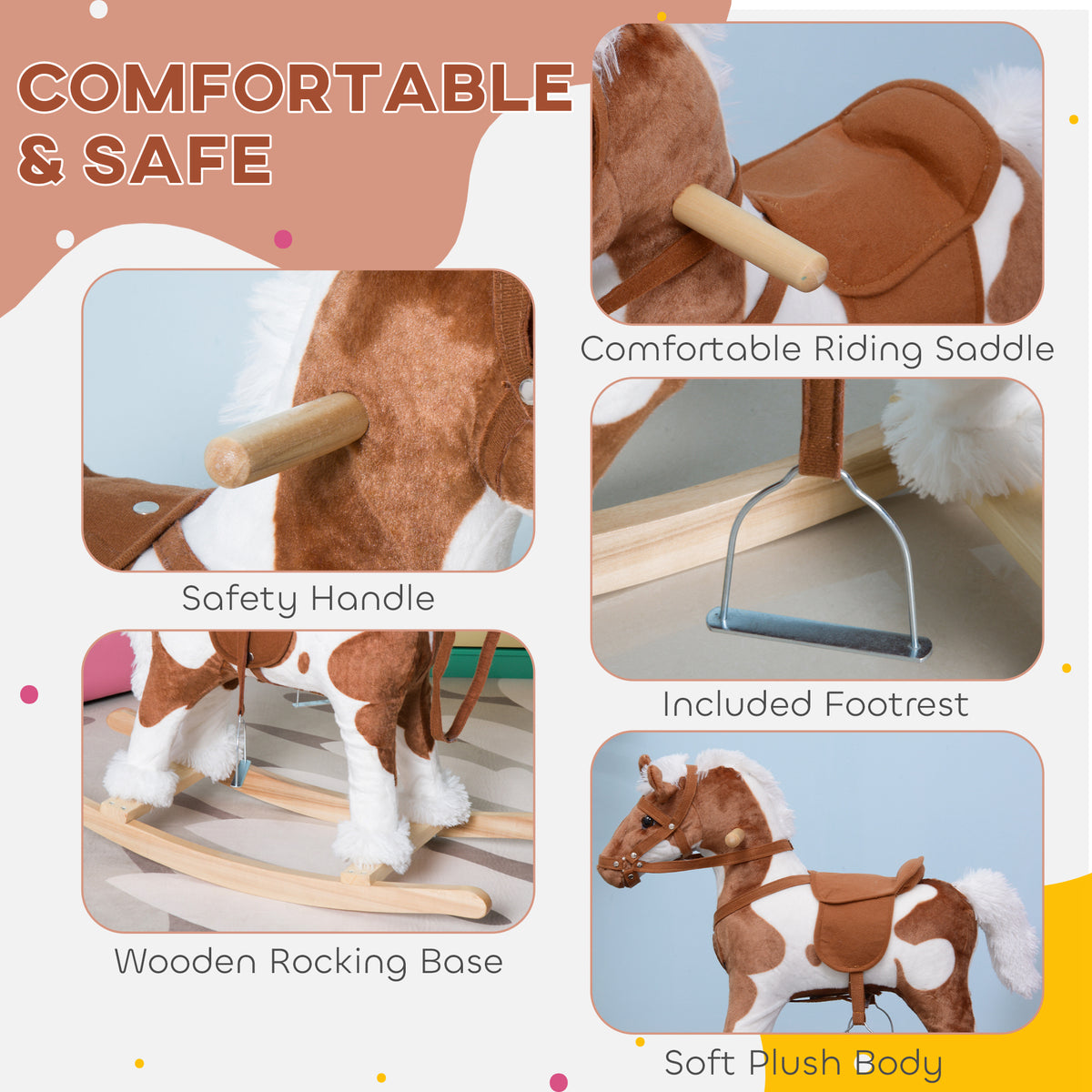 Kids Rocking Horse Plush Animal on Wooden Rockers with Sounds, Wooden Base, Baby Rocking Chair, Brown and White-Toys & Games > Baby & Toddler Toys > Riding & Rocking Toys > Rocking Horses-DECOROLALA
