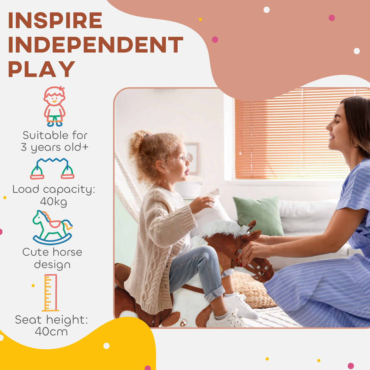 Kids Rocking Horse Plush Animal on Wooden Rockers with Sounds, Wooden Base, Baby Rocking Chair, Brown and White-Toys & Games > Baby & Toddler Toys > Riding & Rocking Toys > Rocking Horses-DECOROLALA