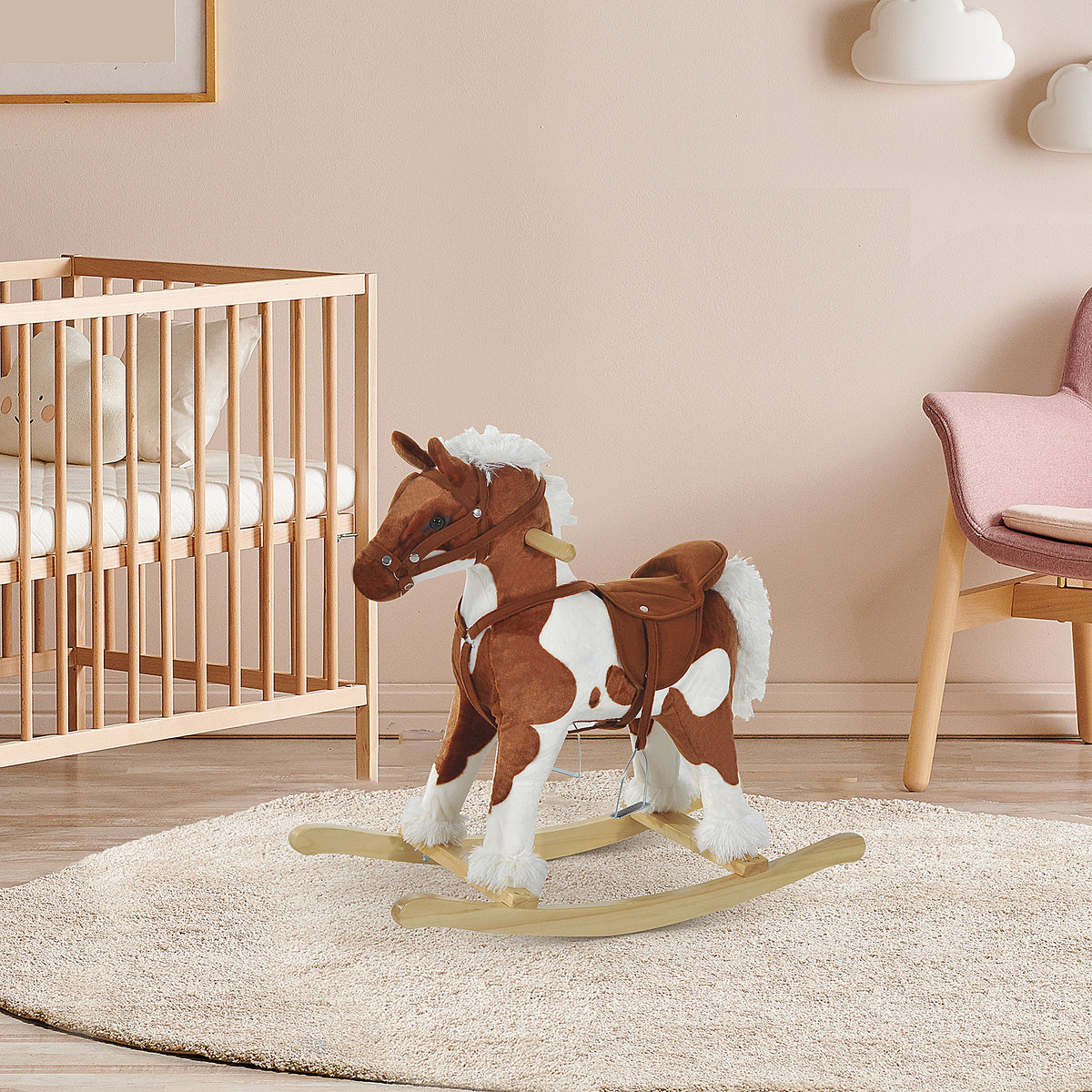 Kids Rocking Horse Plush Animal on Wooden Rockers with Sounds, Wooden Base, Baby Rocking Chair, Brown and White-Toys & Games > Baby & Toddler Toys > Riding & Rocking Toys > Rocking Horses-DECOROLALA