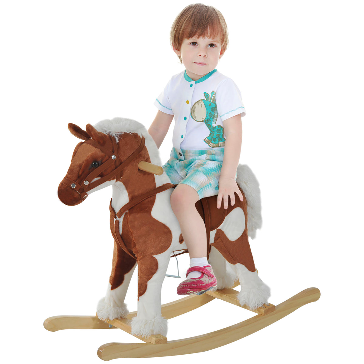 Kids Rocking Horse Plush Animal on Wooden Rockers with Sounds, Wooden Base, Baby Rocking Chair, Brown and White-Toys & Games > Baby & Toddler Toys > Riding & Rocking Toys > Rocking Horses-DECOROLALA
