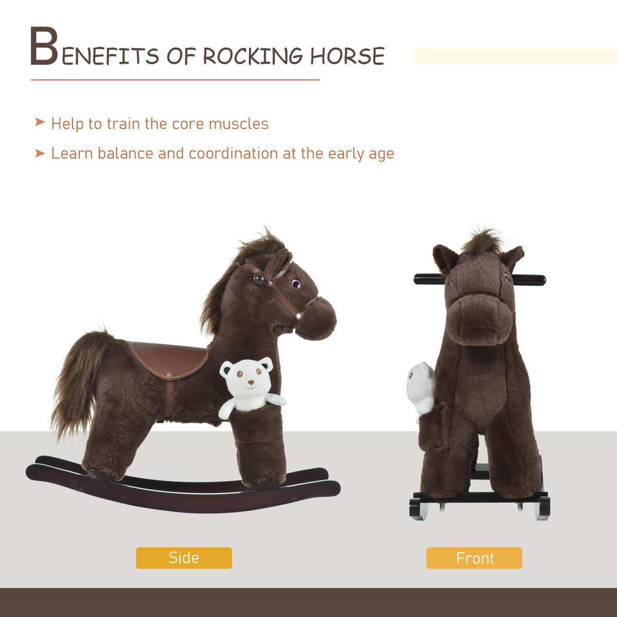 Kids Rocking Horse Plush Animal on Wooden Rockers with Sounds, Wooden Base and Bear Toy, Baby Rocking Chair-Toys & Games > Baby & Toddler Toys > Riding & Rocking Toys > Rocking Horses-DECOROLALA