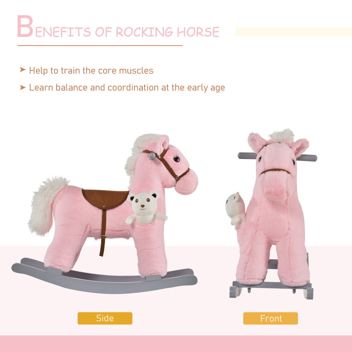 Kids Rocking Horse Plush Animal on Wooden Rockers with Sounds, Wooden Base and Bear Toy, Baby Rocking Chair-Toys & Games > Baby & Toddler Toys > Riding & Rocking Toys > Rocking Horses-DECOROLALA