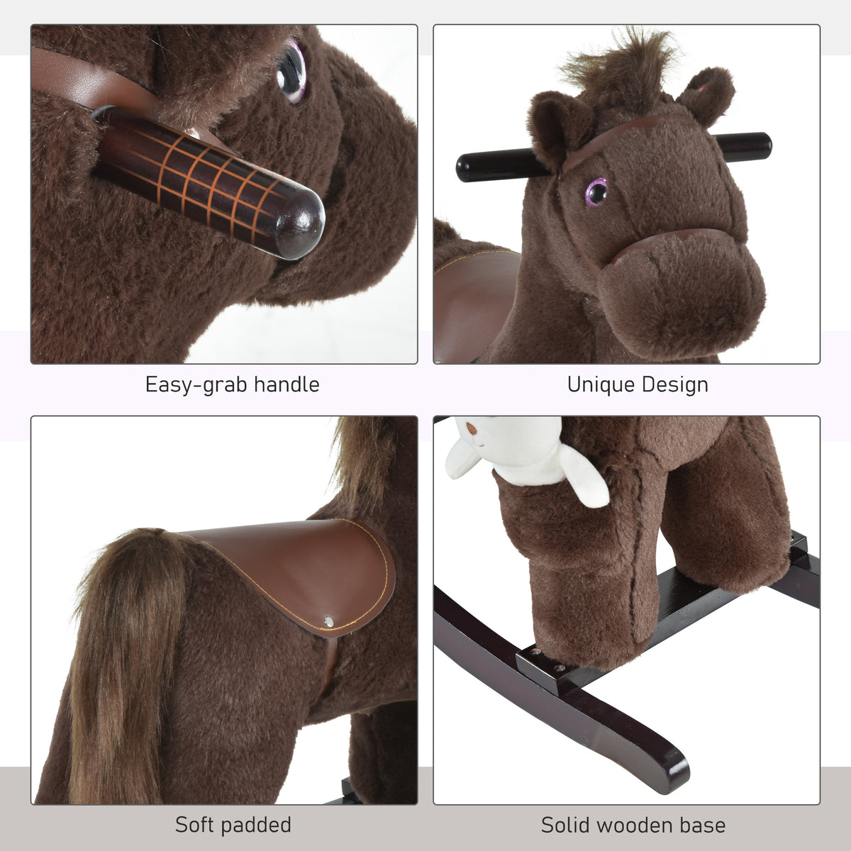 Kids Rocking Horse Plush Animal on Wooden Rockers with Sounds, Wooden Base and Bear Toy, Baby Rocking Chair-Toys & Games > Baby & Toddler Toys > Riding & Rocking Toys > Rocking Horses-DECOROLALA