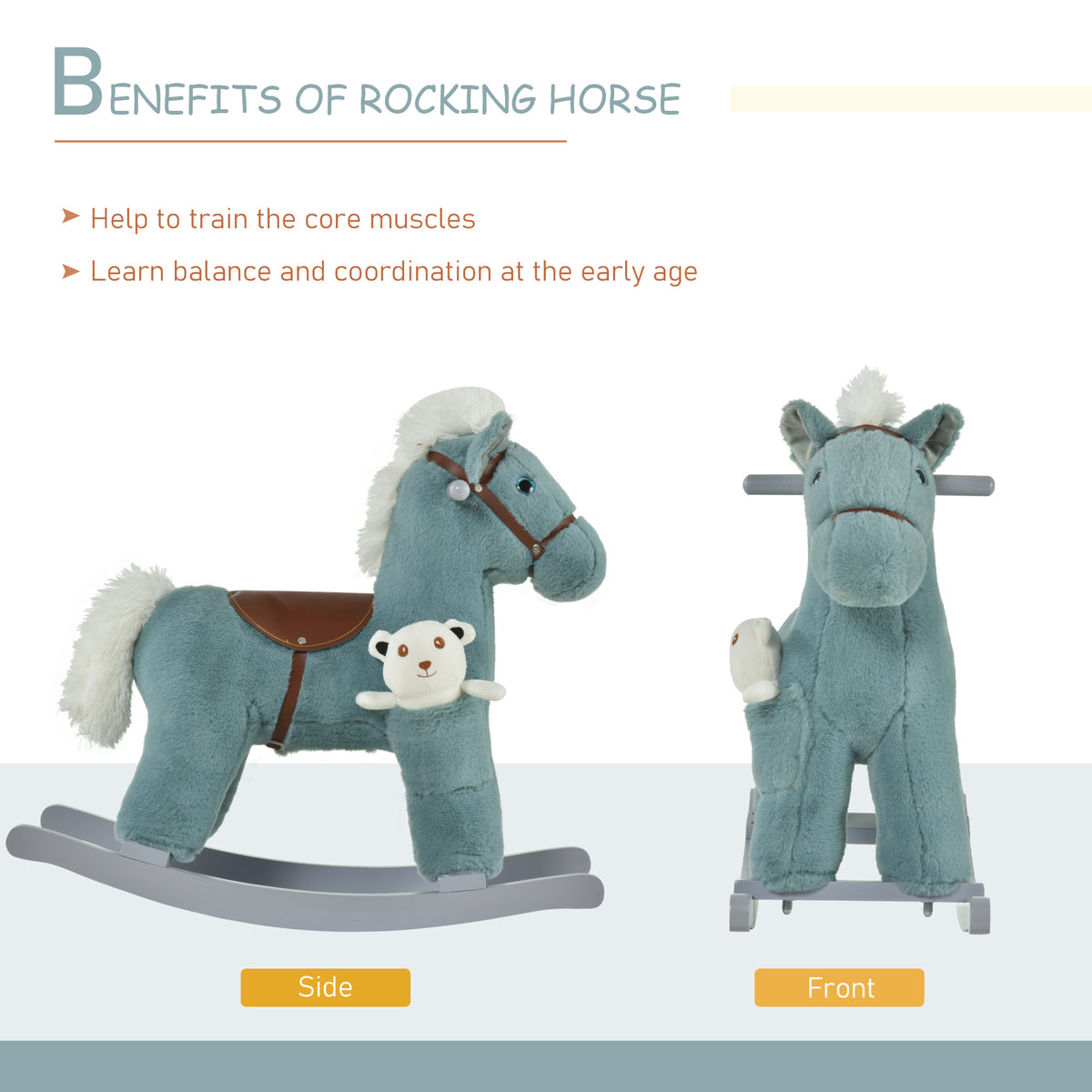 Kids Rocking Horse Plush Animal on Wooden Rockers with Sounds, Wooden Base and Bear Toy, Baby Rocking Chair-Toys & Games > Baby & Toddler Toys > Riding & Rocking Toys > Rocking Horses-DECOROLALA