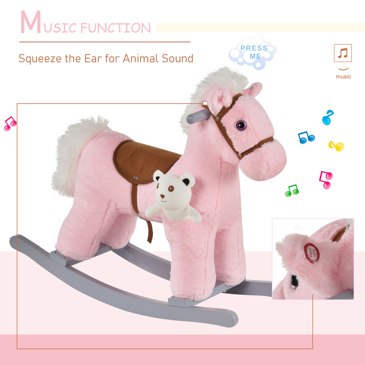 Kids Rocking Horse Plush Animal on Wooden Rockers with Sounds, Wooden Base and Bear Toy, Baby Rocking Chair-Toys & Games > Baby & Toddler Toys > Riding & Rocking Toys > Rocking Horses-DECOROLALA