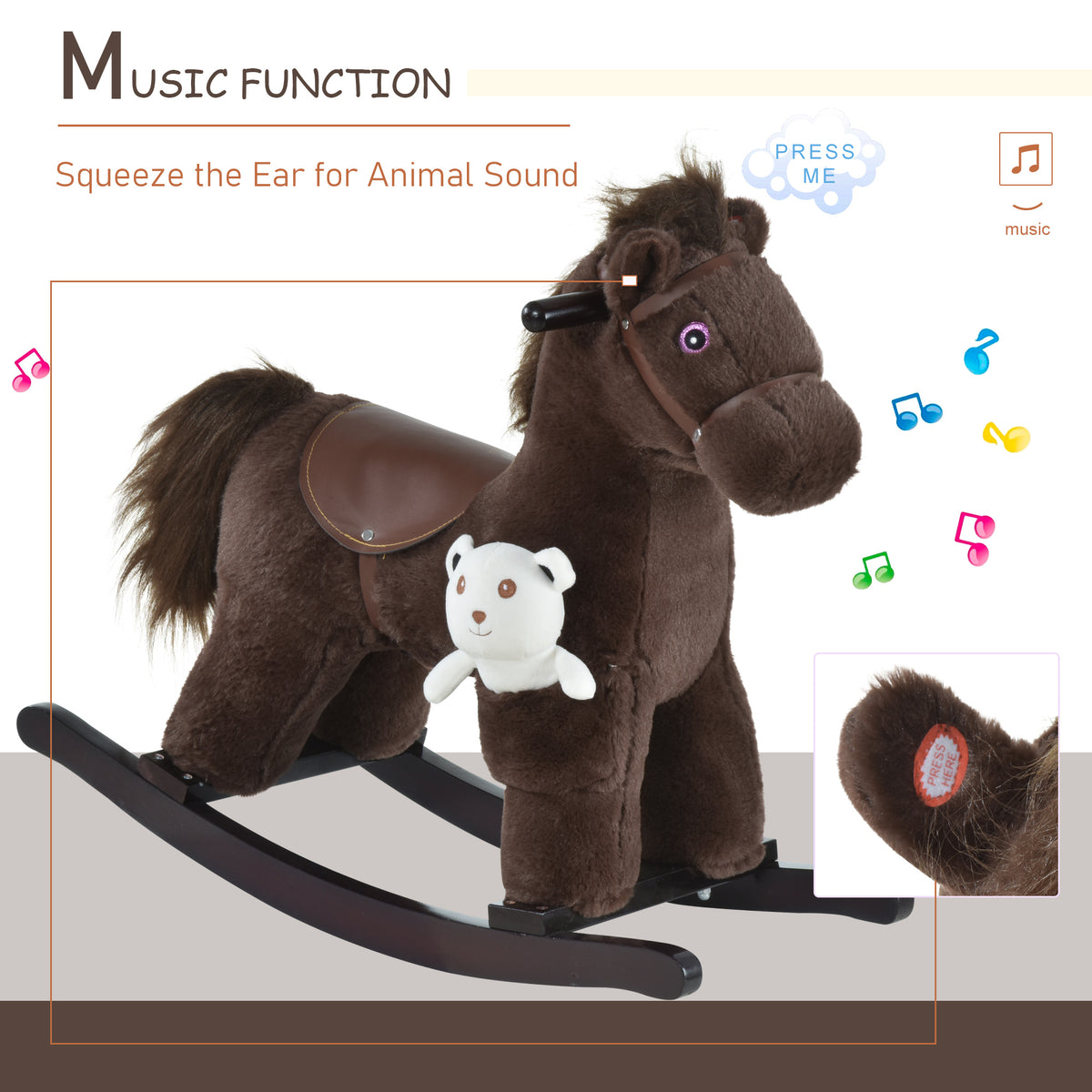 Kids Rocking Horse Plush Animal on Wooden Rockers with Sounds, Wooden Base and Bear Toy, Baby Rocking Chair-Toys & Games > Baby & Toddler Toys > Riding & Rocking Toys > Rocking Horses-DECOROLALA