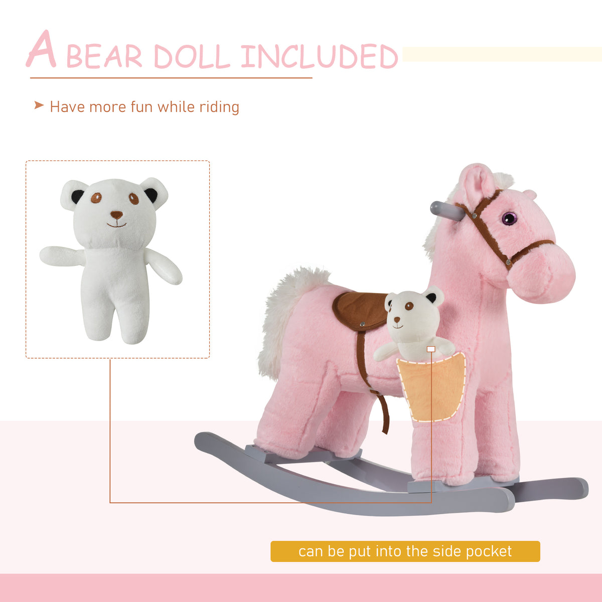 Kids Rocking Horse Plush Animal on Wooden Rockers with Sounds, Wooden Base and Bear Toy, Baby Rocking Chair-Toys & Games > Baby & Toddler Toys > Riding & Rocking Toys > Rocking Horses-DECOROLALA